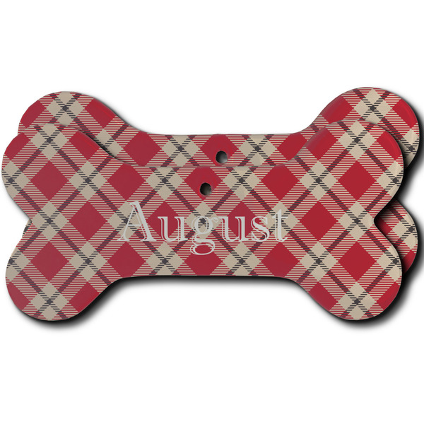 Custom Red & Tan Plaid Ceramic Dog Ornament - Front & Back w/ Initial