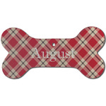 Red & Tan Plaid Ceramic Dog Ornament - Front w/ Initial