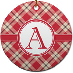 Red & Tan Plaid Round Ceramic Ornament w/ Initial