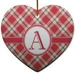 Red & Tan Plaid Heart Ceramic Ornament w/ Initial