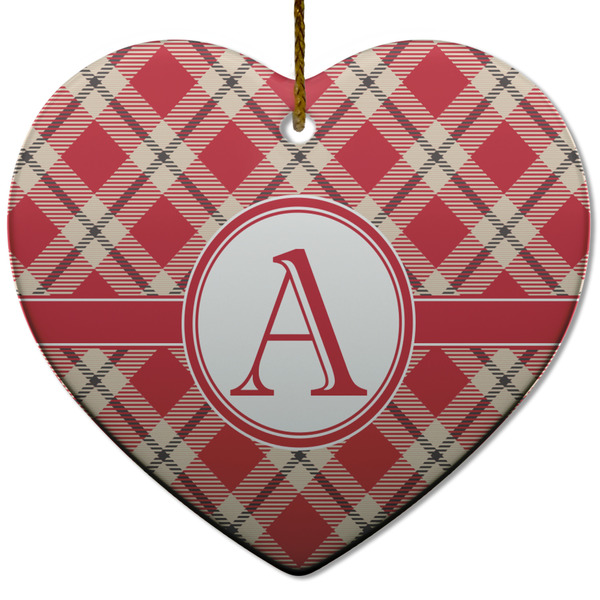 Custom Red & Tan Plaid Heart Ceramic Ornament w/ Initial