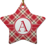 Red & Tan Plaid Star Ceramic Ornament w/ Initial