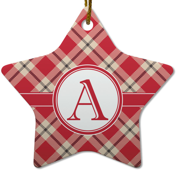 Custom Red & Tan Plaid Star Ceramic Ornament w/ Initial