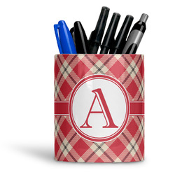 Red & Tan Plaid Ceramic Pen Holder