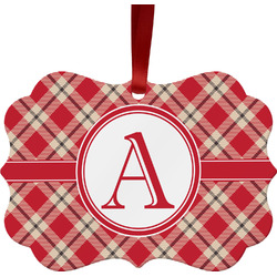 Red & Tan Plaid Metal Frame Ornament - Double Sided w/ Initial