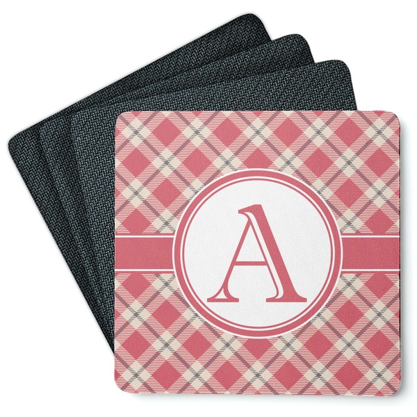 Custom Red & Tan Plaid Square Rubber Backed Coasters - Set of 4 (Personalized)