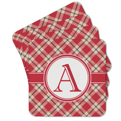 Red & Tan Plaid Cork Coaster - Set of 4 w/ Initial