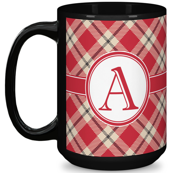 Custom Red & Tan Plaid 15 Oz Coffee Mug - Black (Personalized)