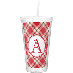 Red & Tan Plaid Double Wall Tumbler with Straw (Personalized)