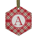 Red & Tan Plaid Flat Glass Ornament - Hexagon w/ Initial