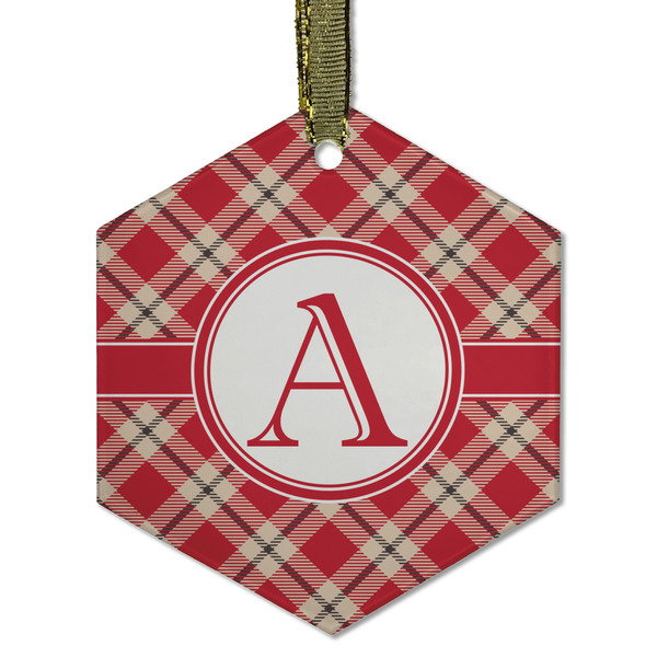 Custom Red & Tan Plaid Flat Glass Ornament - Hexagon w/ Initial