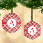 Red & Tan Plaid Flat Glass Ornament w/ Initial