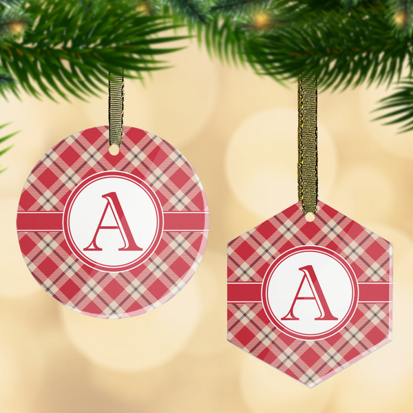 Custom Red & Tan Plaid Flat Glass Ornament w/ Initial