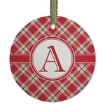 Red & Tan Plaid Flat Glass Ornament - Round w/ Initial