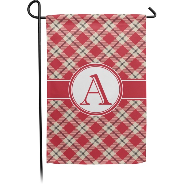 Custom Red & Tan Plaid Small Garden Flag - Double Sided w/ Initial