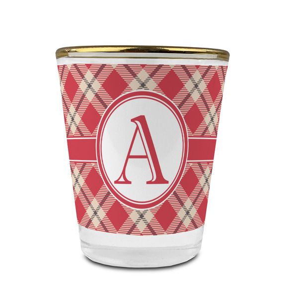 Custom Red & Tan Plaid Glass Shot Glass - 1.5 oz - with Gold Rim - Single (Personalized)