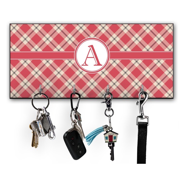 Custom Red & Tan Plaid Key Hanger w/ 4 Hooks w/ Initial