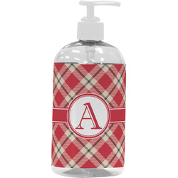 Red & Tan Plaid Plastic Soap / Lotion Dispenser (16 oz - Large - White) (Personalized)