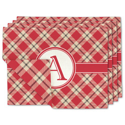 Red & Tan Plaid Double-Sided Linen Placemat - Set of 4 w/ Initial