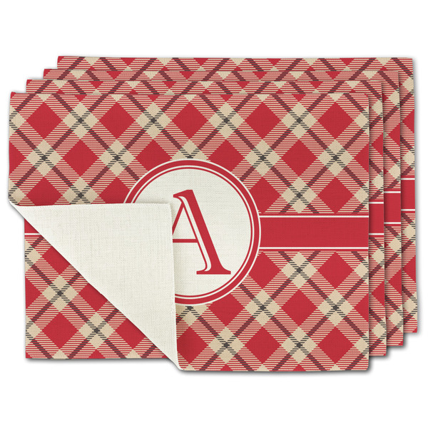 Custom Red & Tan Plaid Single-Sided Linen Placemat - Set of 4 w/ Initial