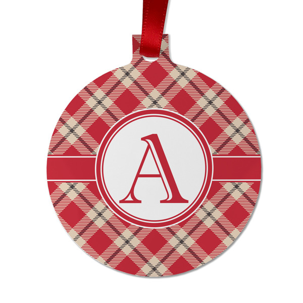 Custom Red & Tan Plaid Metal Ball Ornament - Double Sided w/ Initial