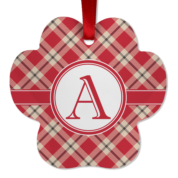 Custom Red & Tan Plaid Metal Paw Ornament - Double Sided w/ Initial