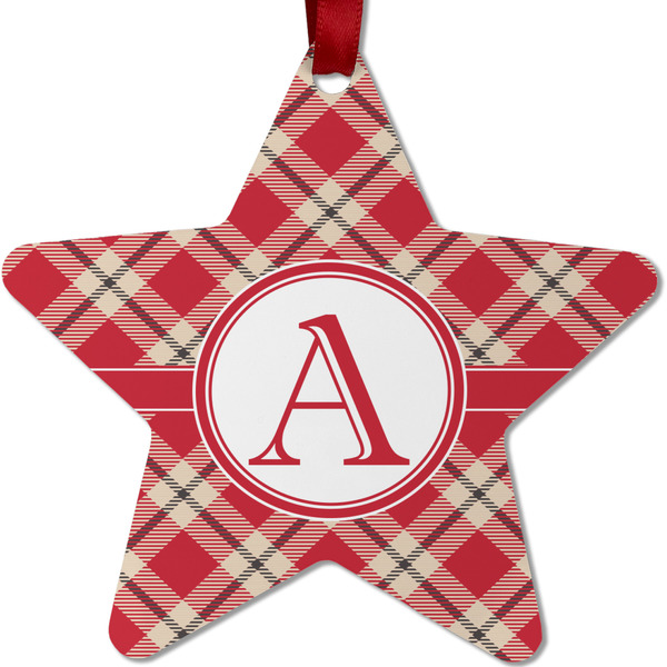 Custom Red & Tan Plaid Metal Star Ornament - Double Sided w/ Initial