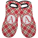 Red & Tan Plaid Neoprene Oven Mitts - Set of 2 w/ Initial