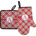 Red & Tan Plaid Oven Mitt & Pot Holder Set w/ Initial