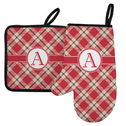 Red & Tan Plaid Left Oven Mitt & Pot Holder Set w/ Initial