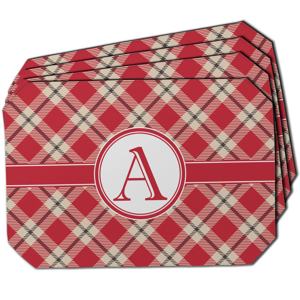 Custom Red & Tan Plaid Dining Table Mat - Octagon w/ Initial