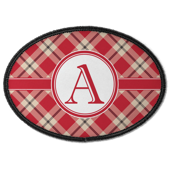 Custom Red & Tan Plaid Iron On Oval Patch w/ Initial