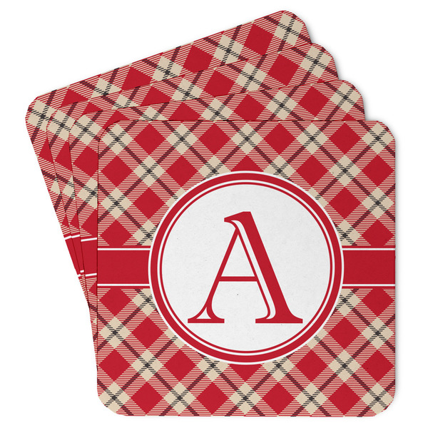 Custom Red & Tan Plaid Paper Coasters w/ Initial