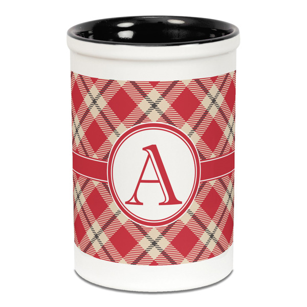 Custom Red & Tan Plaid Ceramic Pencil Holders - Black