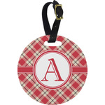 Red & Tan Plaid Plastic Luggage Tag - Round (Personalized)