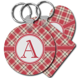 Red & Tan Plaid Plastic Keychain (Personalized)