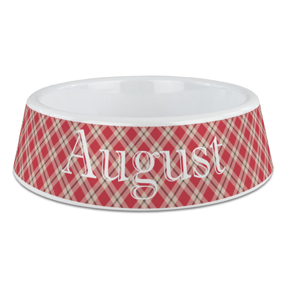 Custom Red & Tan Plaid Plastic Dog Bowl - Large (Personalized)