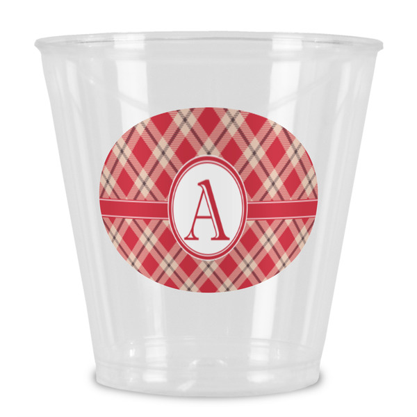 Custom Red & Tan Plaid Plastic Shot Glass (Personalized)