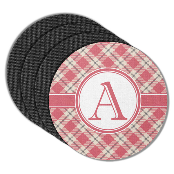 Custom Red & Tan Plaid Round Rubber Backed Coasters - Set of 4 (Personalized)