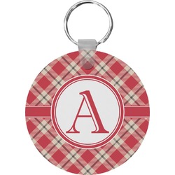 Red & Tan Plaid Round Plastic Keychain (Personalized)