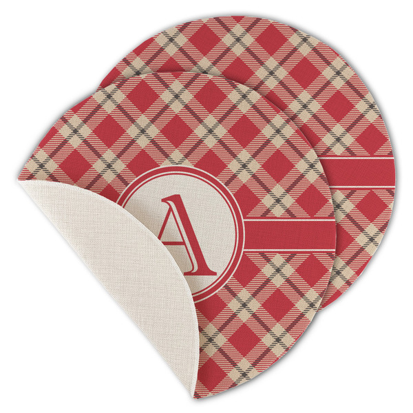 Custom Red & Tan Plaid Round Linen Placemat - Single Sided - Set of 4 (Personalized)