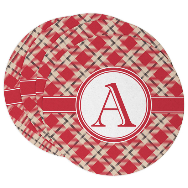 Custom Red & Tan Plaid Round Paper Coasters w/ Initial