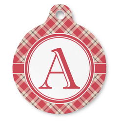 Red & Tan Plaid Round Pet ID Tag - Large (Personalized)