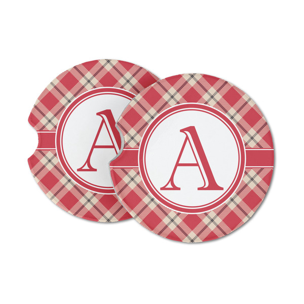 Custom Red & Tan Plaid Sandstone Car Coasters - Set of 2 (Personalized)