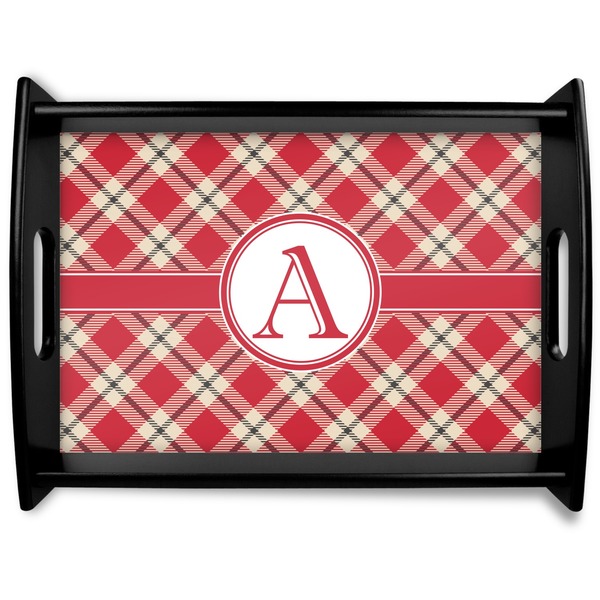 Custom Red & Tan Plaid Black Wooden Tray - Large (Personalized)