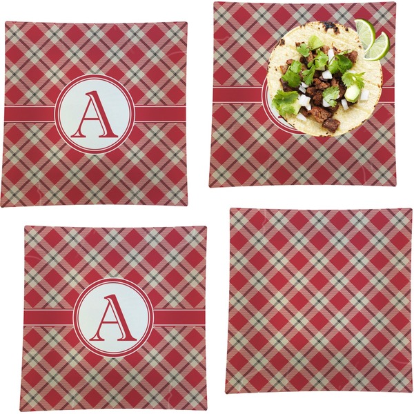 Custom Red & Tan Plaid Set of 4 Glass Square Lunch / Dinner Plate 9.5" (Personalized)