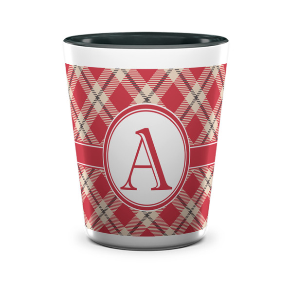 Custom Red & Tan Plaid Ceramic Shot Glass - 1.5 oz - Two Tone - Set of 4 (Personalized)