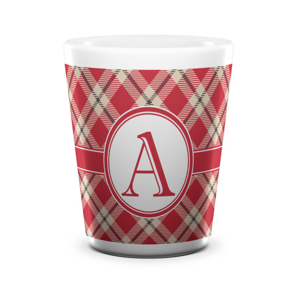 Custom Red & Tan Plaid Ceramic Shot Glass - 1.5 oz - White - Set of 4 (Personalized)