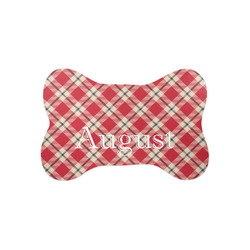 Red & Tan Plaid Bone Shaped Dog Food Mat (Small) (Personalized)