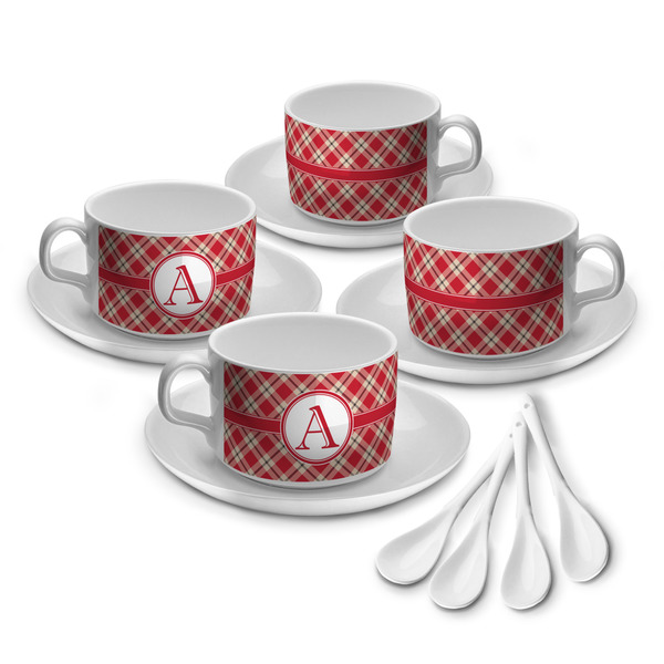 Custom Red & Tan Plaid Tea Cup - Set of 4 (Personalized)